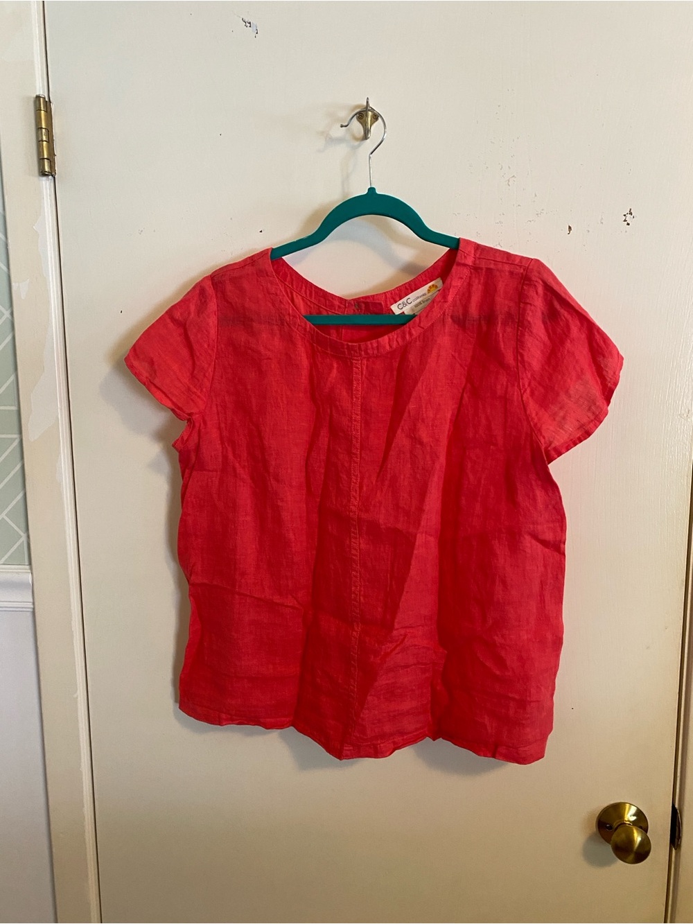 C&C California Coral-Red Short Sleeve Linen Top